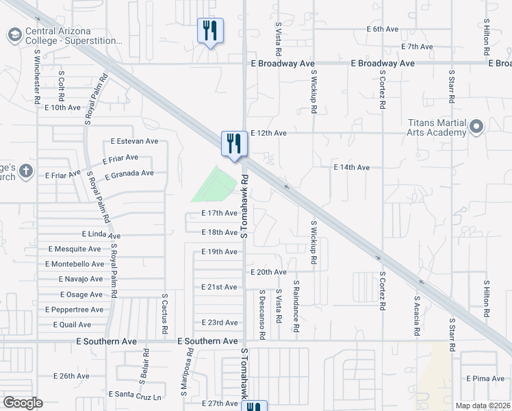 map of restaurants, bars, coffee shops, grocery stores, and more near 1662 East 16th Avenue in Apache Junction