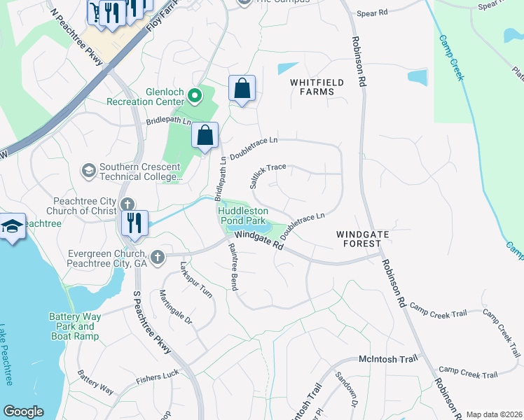 map of restaurants, bars, coffee shops, grocery stores, and more near 524 Saltlick Trace in Peachtree City