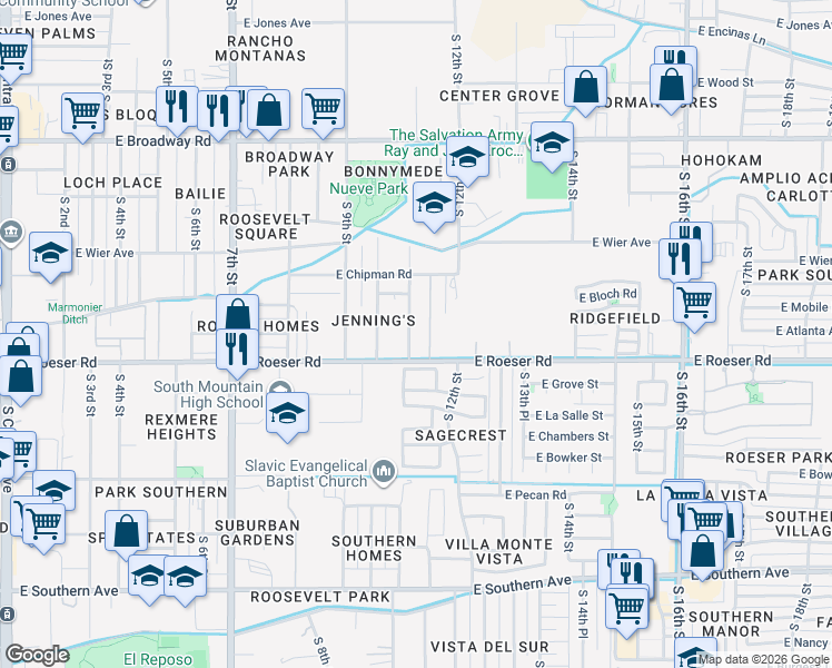 map of restaurants, bars, coffee shops, grocery stores, and more near 5035 South 11th Street in Phoenix