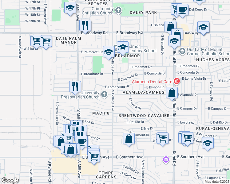 map of restaurants, bars, coffee shops, grocery stores, and more near 2625 South College Avenue in Tempe
