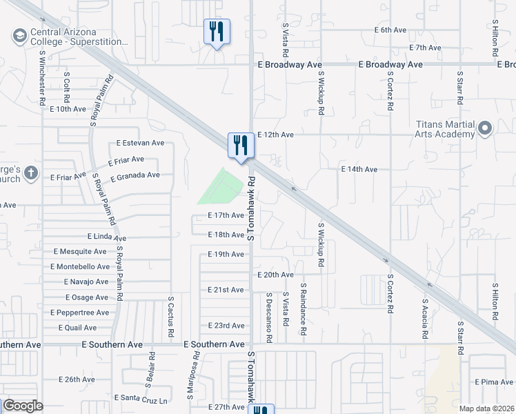 map of restaurants, bars, coffee shops, grocery stores, and more near 1662 East 16th Avenue in Apache Junction