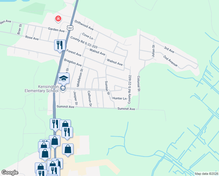 map of restaurants, bars, coffee shops, grocery stores, and more near 1824 Sumter Street in Georgetown