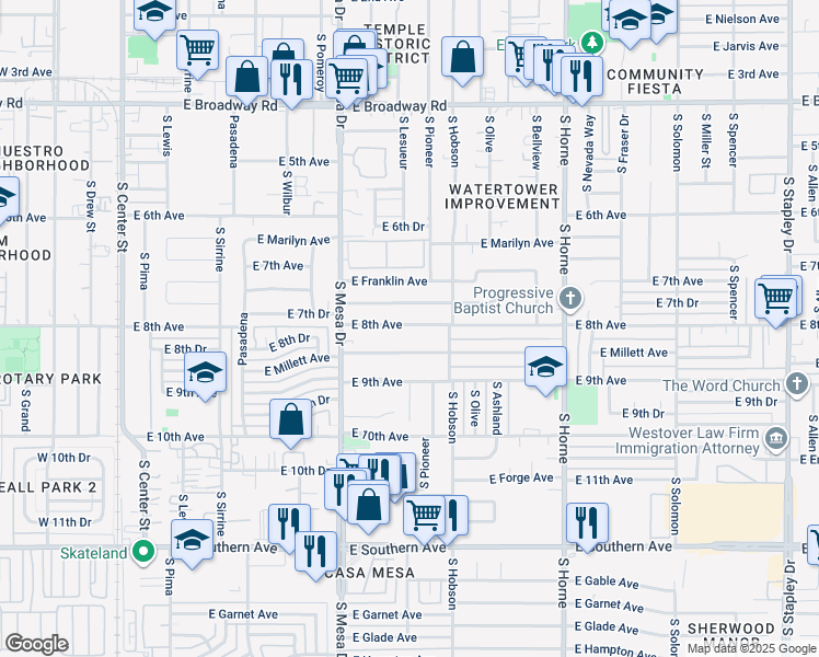 map of restaurants, bars, coffee shops, grocery stores, and more near 519 East 8th Avenue in Mesa
