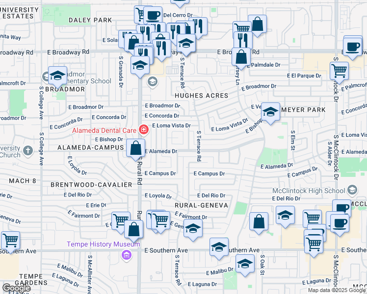 map of restaurants, bars, coffee shops, grocery stores, and more near 1044 East Alameda Drive in Tempe