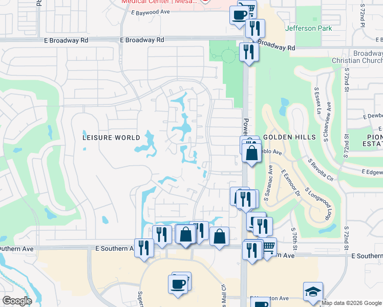 map of restaurants, bars, coffee shops, grocery stores, and more near 701 Leisure World in Mesa