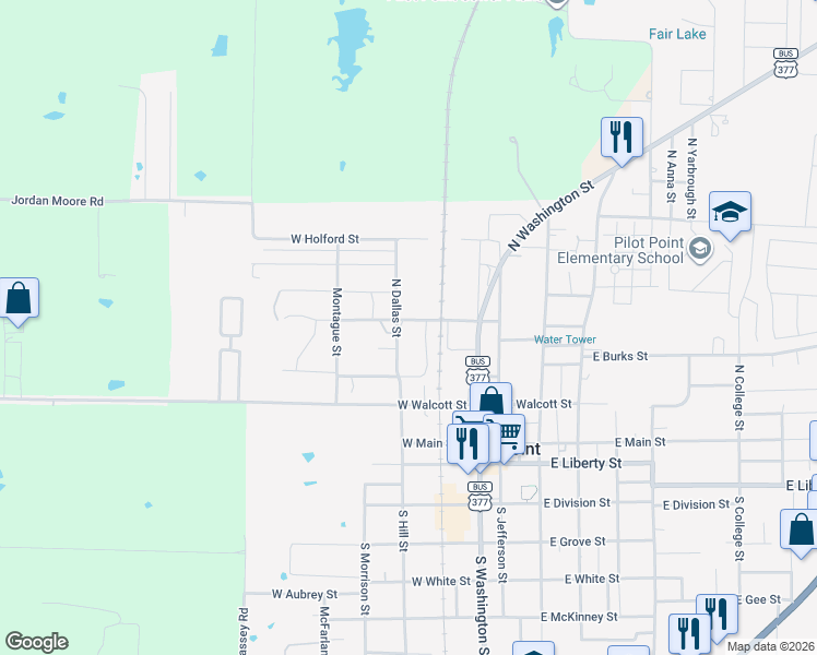 map of restaurants, bars, coffee shops, grocery stores, and more near 315 W Broad St in Pilot Point