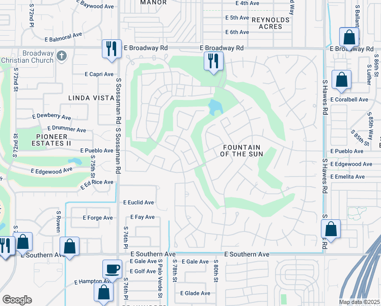 map of restaurants, bars, coffee shops, grocery stores, and more near 738 South Arrowwood Way in Mesa