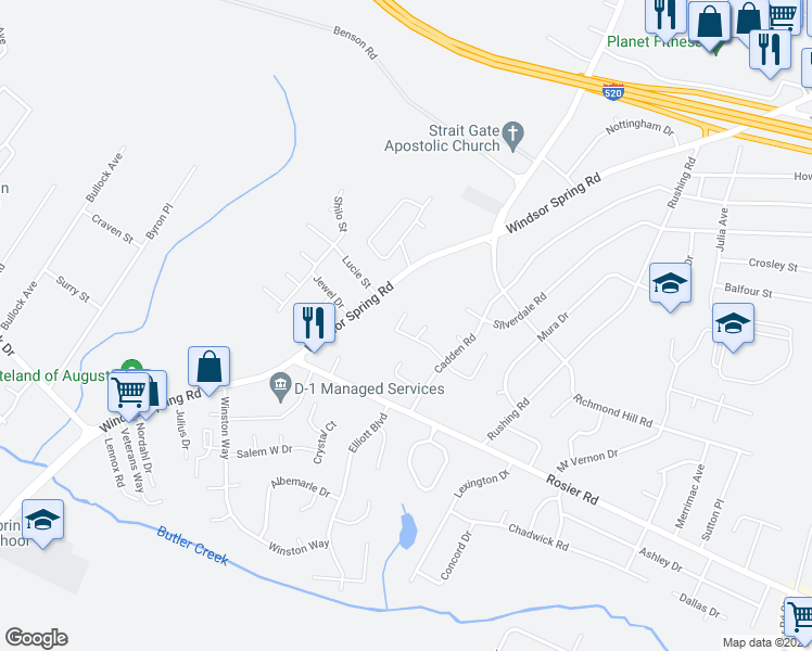 map of restaurants, bars, coffee shops, grocery stores, and more near 2211 Buckingham Drive in Augusta