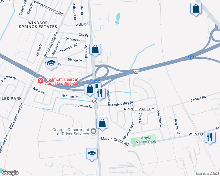 map of restaurants, bars, coffee shops, grocery stores, and more near 3304 Jonathan Circle in Augusta
