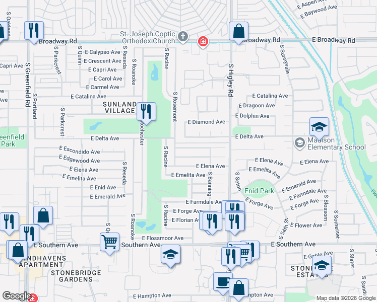 map of restaurants, bars, coffee shops, grocery stores, and more near 5031 East Escondido Avenue in Mesa