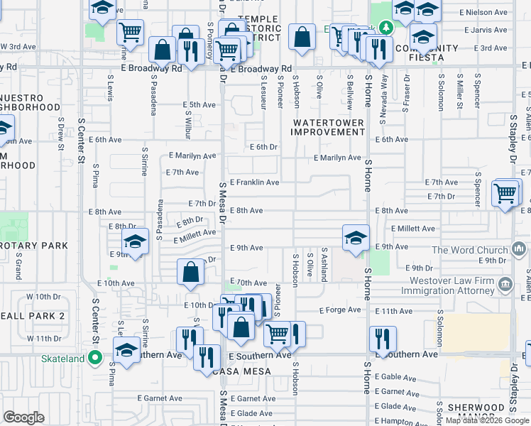 map of restaurants, bars, coffee shops, grocery stores, and more near 519 East 8th Avenue in Mesa