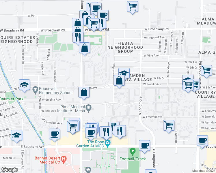 map of restaurants, bars, coffee shops, grocery stores, and more near 1807 West 8th Avenue in Mesa