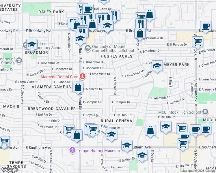 map of restaurants, bars, coffee shops, grocery stores, and more near 1044 East Alameda Drive in Tempe