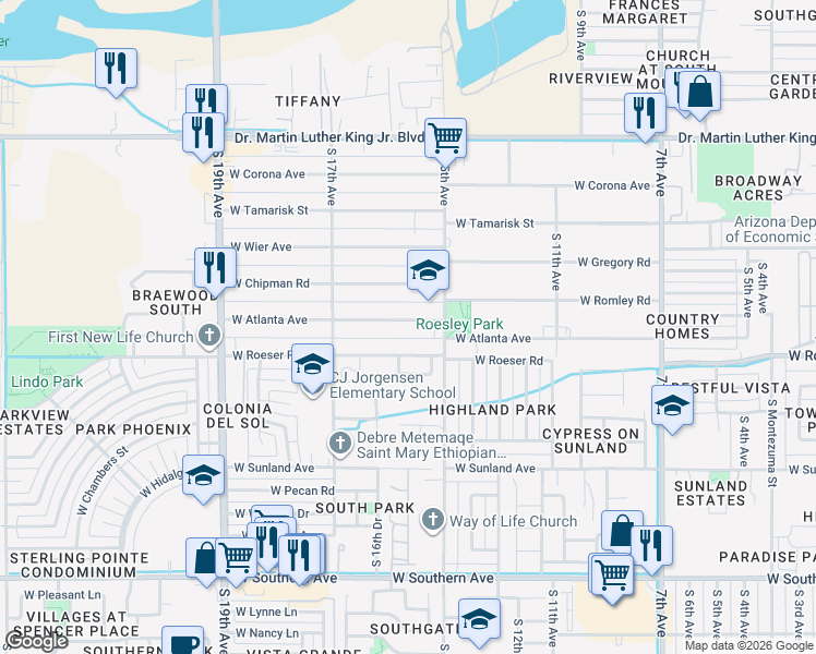 map of restaurants, bars, coffee shops, grocery stores, and more near 1531 West Atlanta Avenue in Phoenix