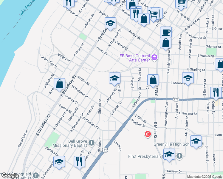 map of restaurants, bars, coffee shops, grocery stores, and more near 600 South Harvey Street in Greenville