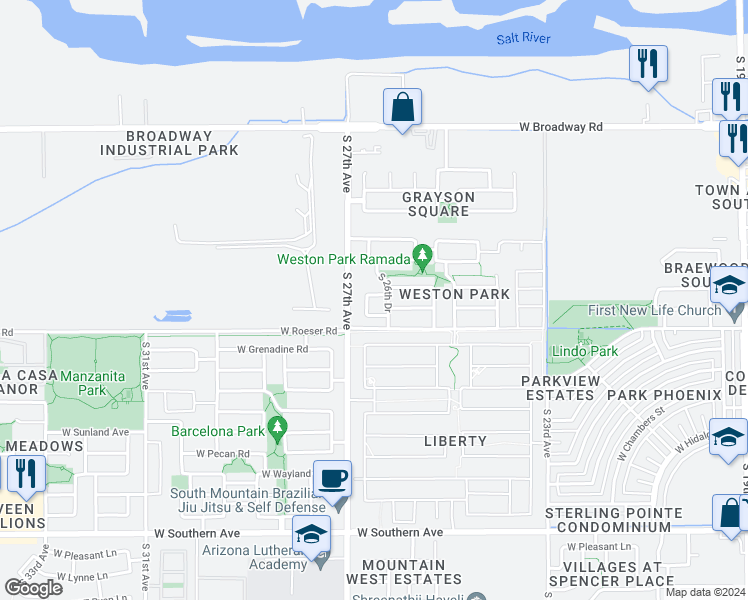map of restaurants, bars, coffee shops, grocery stores, and more near 2625 West Sonrisas Street in Phoenix