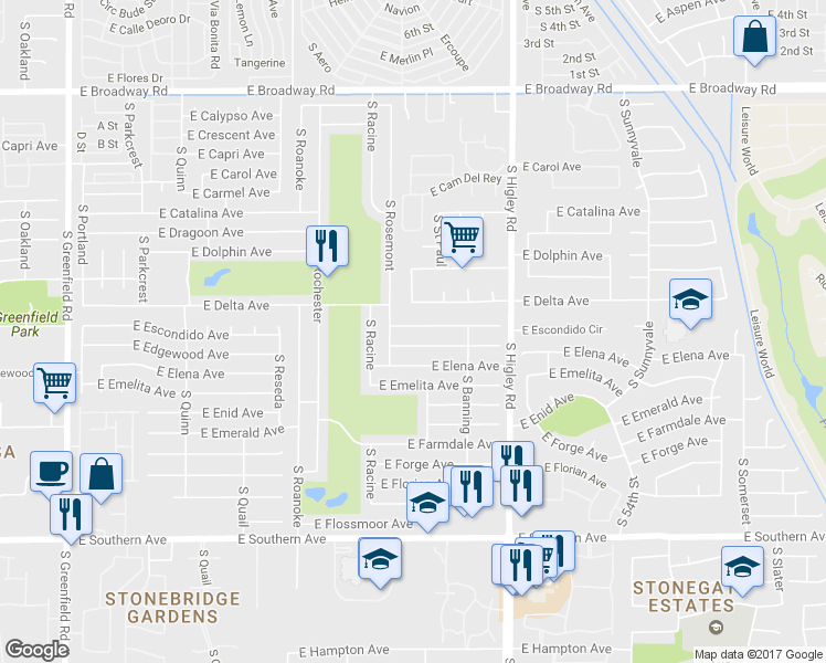 map of restaurants, bars, coffee shops, grocery stores, and more near 5031 East Escondido Avenue in Mesa