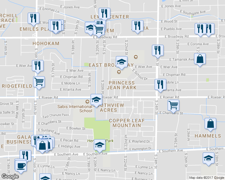 map of restaurants, bars, coffee shops, grocery stores, and more near 5024 South 21st Place in Phoenix