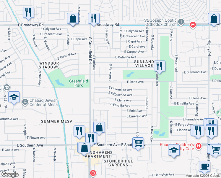 map of restaurants, bars, coffee shops, grocery stores, and more near 4525 East Escondido Avenue in Mesa