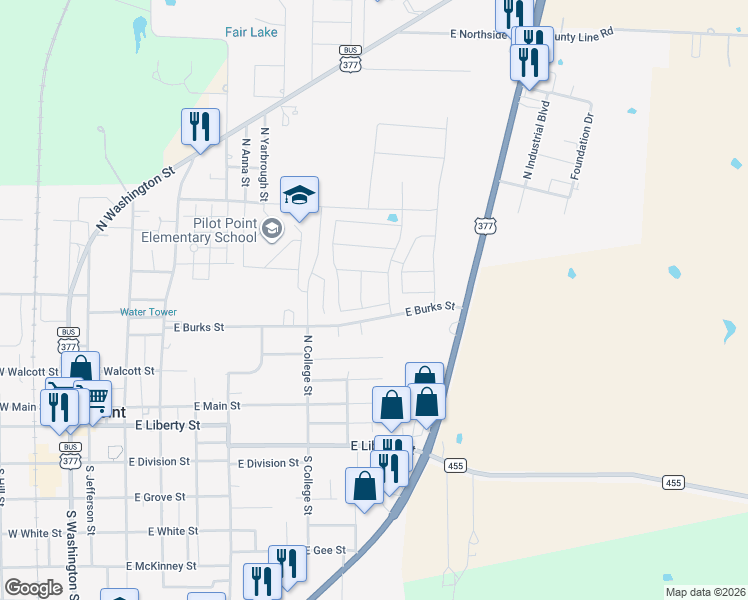 map of restaurants, bars, coffee shops, grocery stores, and more near 713 East Burks Street in Pilot Point
