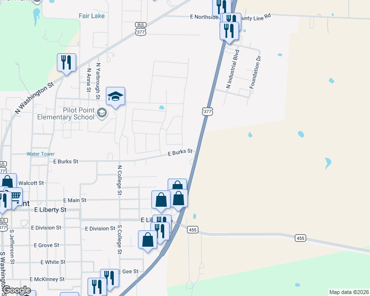 map of restaurants, bars, coffee shops, grocery stores, and more near 400 U.S. 377 in Pilot Point
