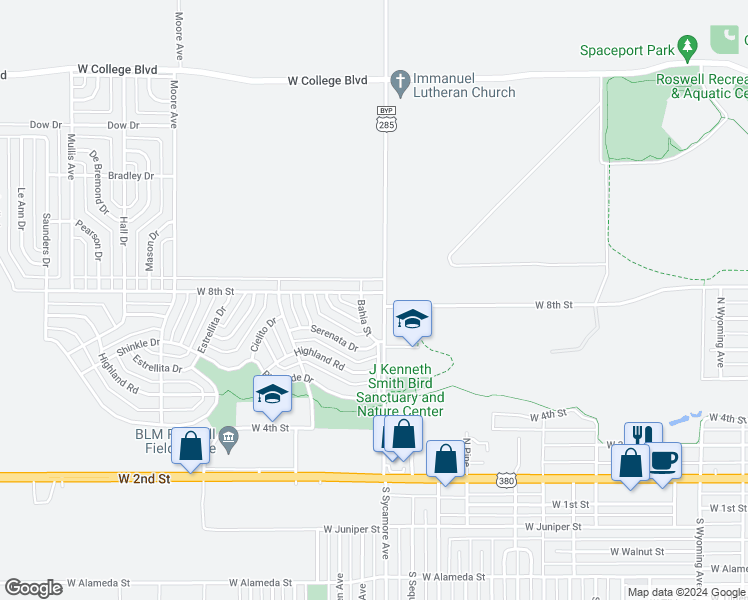 map of restaurants, bars, coffee shops, grocery stores, and more near 2602 West 8th Street in Roswell