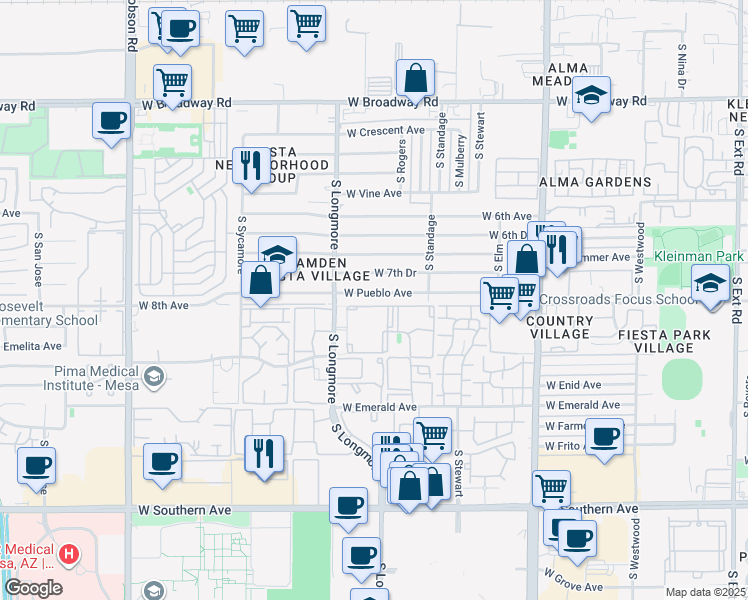map of restaurants, bars, coffee shops, grocery stores, and more near 1509 West Pueblo Avenue in Mesa
