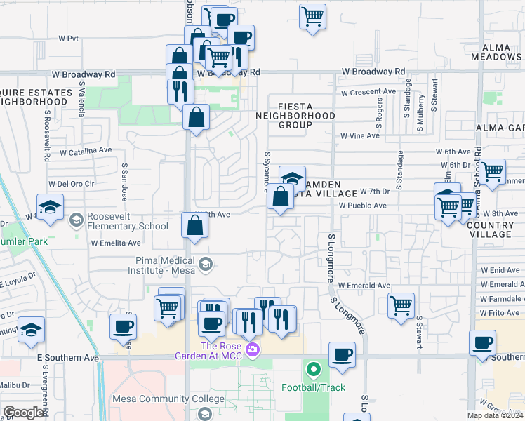 map of restaurants, bars, coffee shops, grocery stores, and more near 1807 West 8th Avenue in Mesa