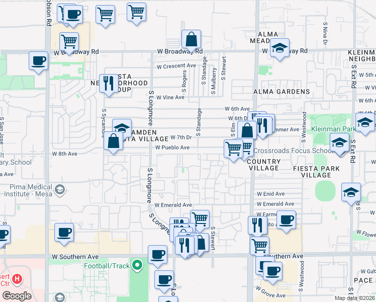 map of restaurants, bars, coffee shops, grocery stores, and more near 1425 West Pueblo Avenue in Mesa