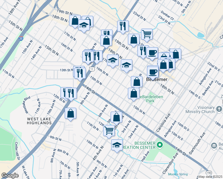 map of restaurants, bars, coffee shops, grocery stores, and more near 613 15th Street North in Bessemer