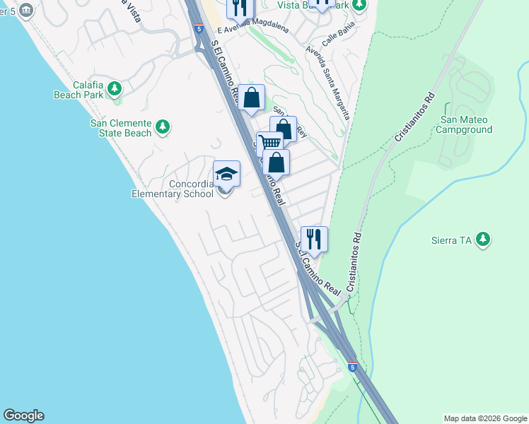 map of restaurants, bars, coffee shops, grocery stores, and more near 3410 Avenida Del Presidente in San Clemente