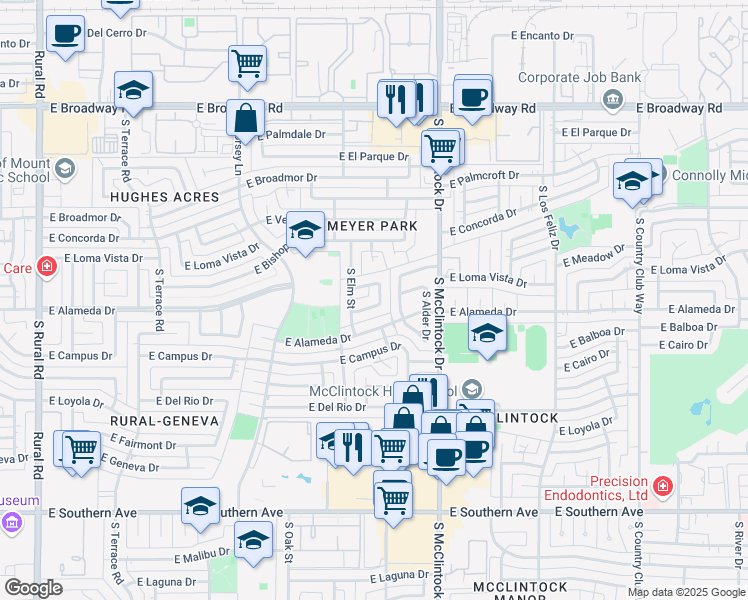 map of restaurants, bars, coffee shops, grocery stores, and more near 1622 East Penny Drive in Tempe