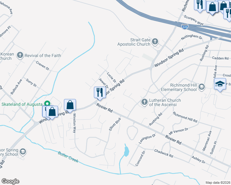 map of restaurants, bars, coffee shops, grocery stores, and more near 2342 Windsor Spring Road in Augusta