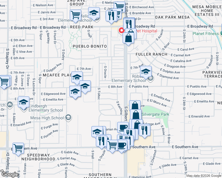 map of restaurants, bars, coffee shops, grocery stores, and more near 1901 East 8th Avenue in Mesa