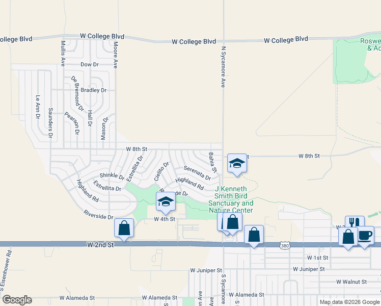 map of restaurants, bars, coffee shops, grocery stores, and more near 2710 Resolana Drive in Roswell