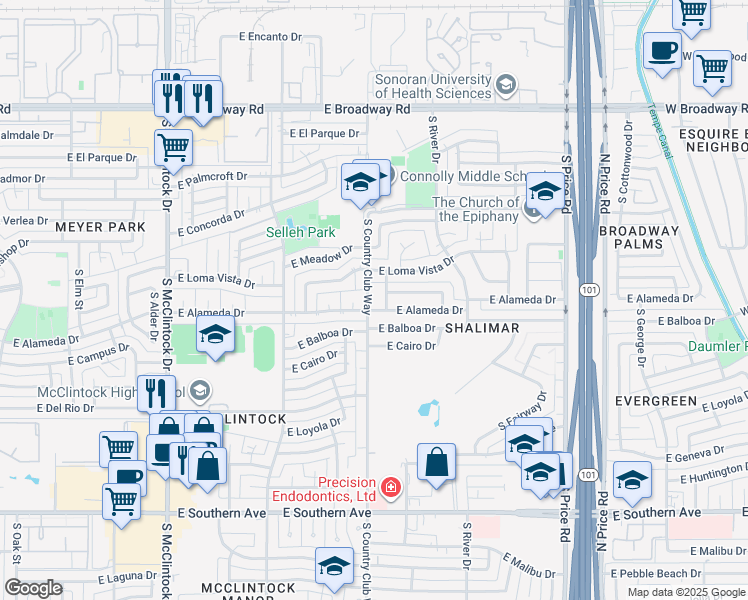 map of restaurants, bars, coffee shops, grocery stores, and more near 2632 South Fairfield Drive in Tempe