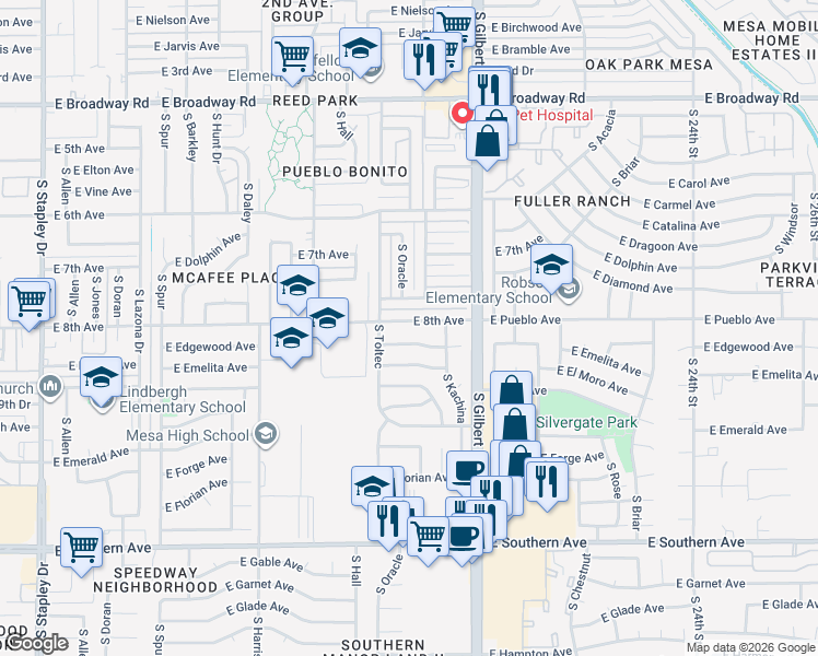map of restaurants, bars, coffee shops, grocery stores, and more near 1901 East 8th Avenue in Mesa