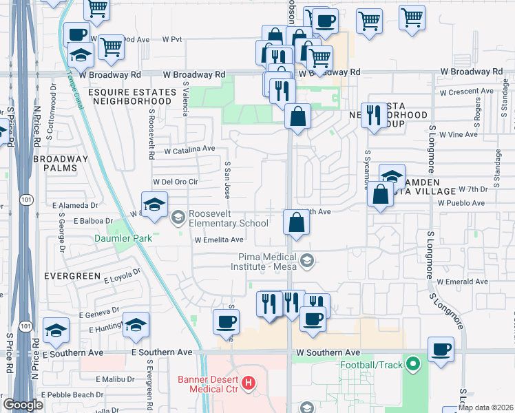 map of restaurants, bars, coffee shops, grocery stores, and more near 720 Skyview Mesa II Apartments in Mesa