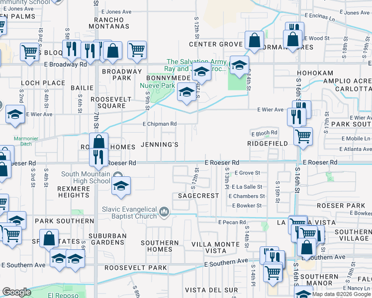 map of restaurants, bars, coffee shops, grocery stores, and more near 5035 South 11th Street in Phoenix