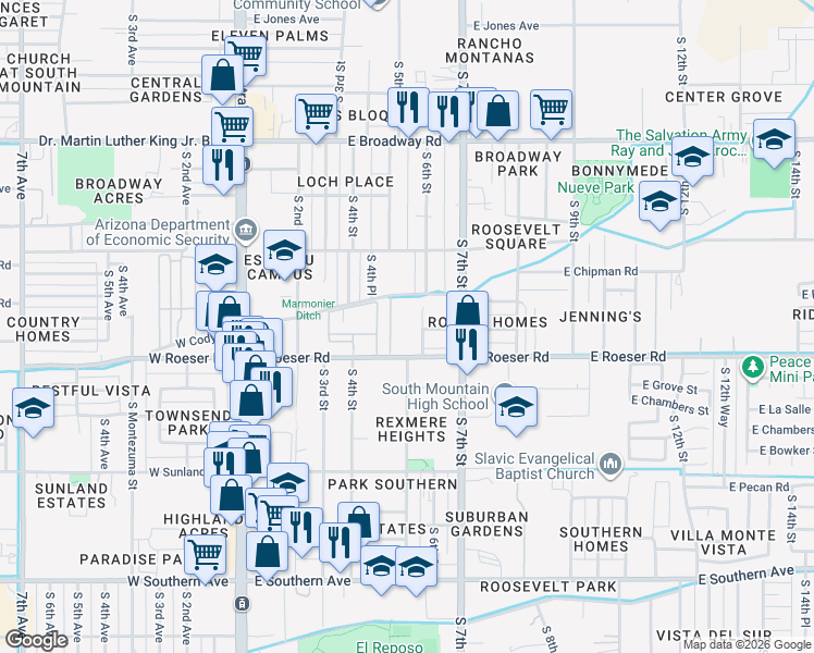 map of restaurants, bars, coffee shops, grocery stores, and more near 5108 South 6th Street in Phoenix