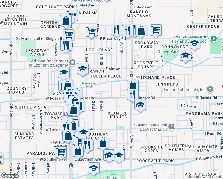 map of restaurants, bars, coffee shops, grocery stores, and more near 454 East Roeser Road in Phoenix