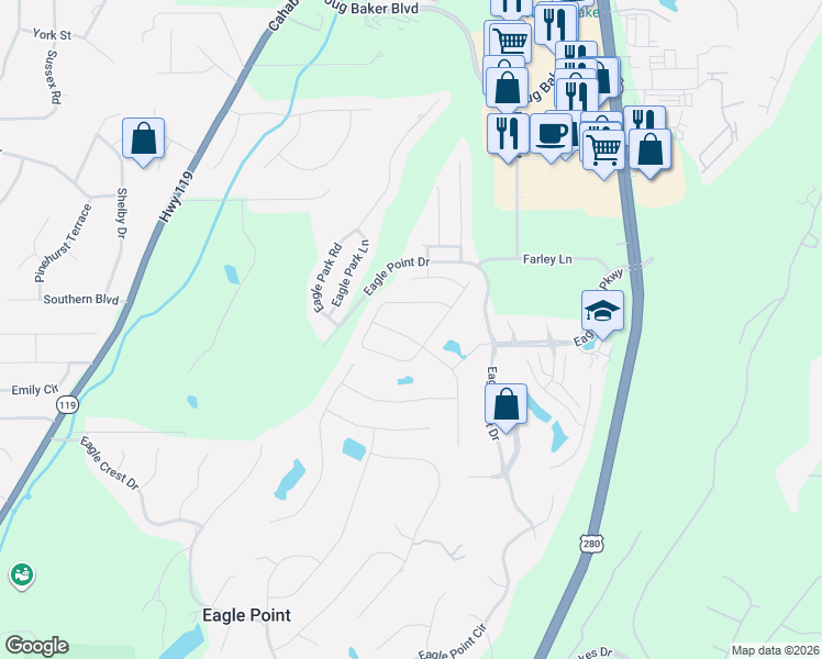 map of restaurants, bars, coffee shops, grocery stores, and more near 249 Griffin Park Trace in Birmingham
