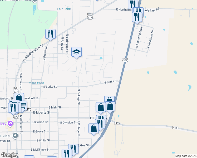 map of restaurants, bars, coffee shops, grocery stores, and more near 713 East Burks Street in Pilot Point
