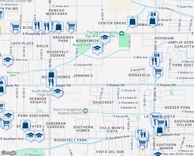 map of restaurants, bars, coffee shops, grocery stores, and more near 5035 South 11th Street in Phoenix