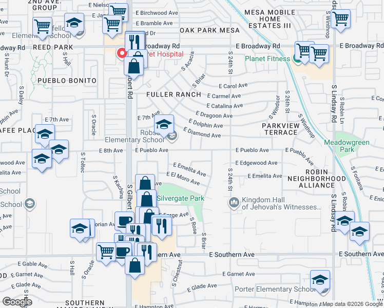 map of restaurants, bars, coffee shops, grocery stores, and more near 2219 East Pueblo Avenue in Mesa