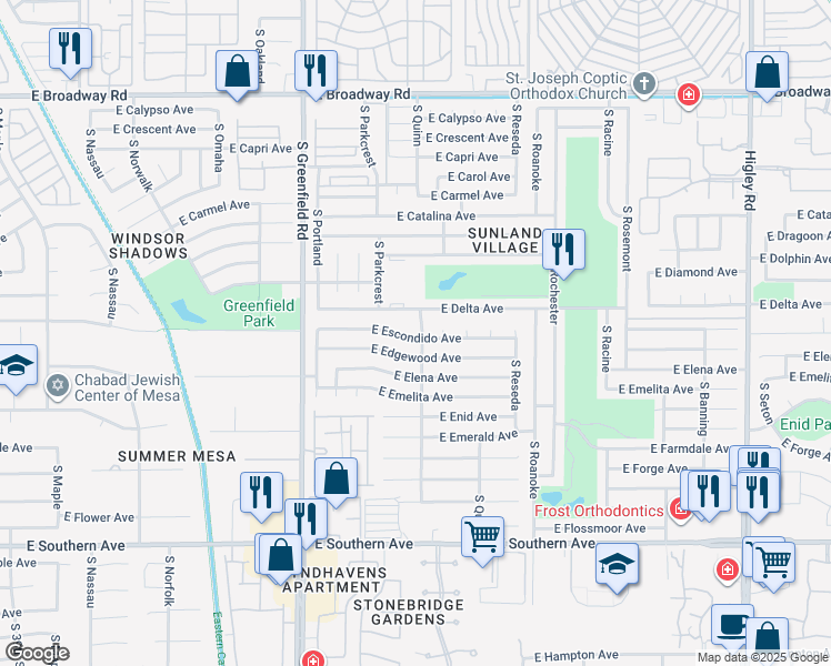 map of restaurants, bars, coffee shops, grocery stores, and more near 4564 East Escondido Avenue in Mesa