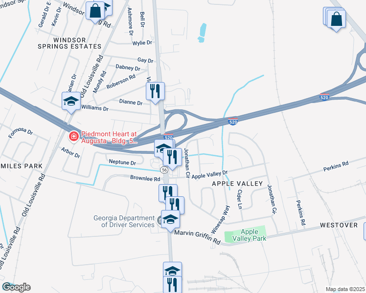 map of restaurants, bars, coffee shops, grocery stores, and more near 3304 Jonathan Circle in Augusta