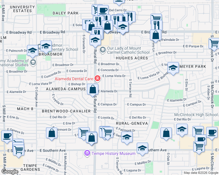 map of restaurants, bars, coffee shops, grocery stores, and more near 2616 South Bonarden Lane in Tempe