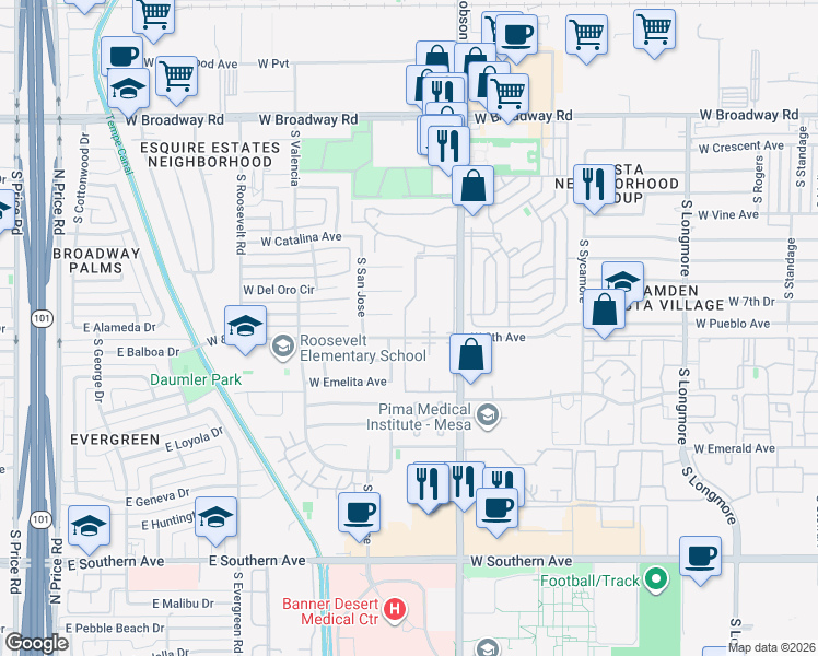 map of restaurants, bars, coffee shops, grocery stores, and more near 720 Skyview Mesa II Apartments in Mesa