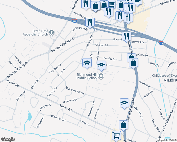 map of restaurants, bars, coffee shops, grocery stores, and more near 2160 Mura Drive in Augusta